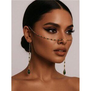 Green Crystal Tassel Face Chain, Minimalist Face Jewelry Accessory For Women